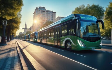 Obraz premium A fleet of electric buses on city streets, emphasizing the transition to electric vehicles for reducing air pollution