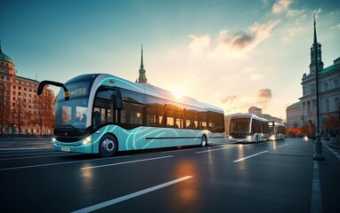 A fleet of electric buses on city streets, emphasizing the transition to electric vehicles for reducing air pollution