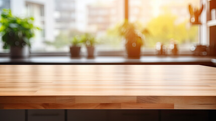 Fototapeta na wymiar Wood table top on blur kitchen counter room background 
