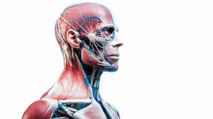 Structure of muscles and tendons upper body. Human muscle anatomy model in head and chest. Generative Ai