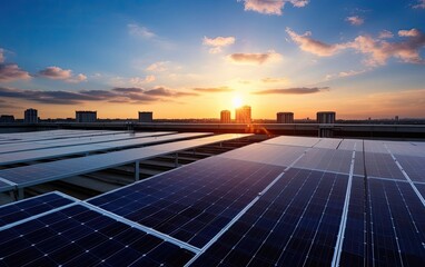 Solar Power Revolution. Solar panels glisten on rooftops, emphasizing the growing trend of renewable energy adoption and sustainable power generation