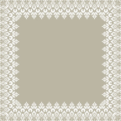 Classic square white frame with arabesques and orient elements. Abstract beige and white ornament with place for text. Vintage pattern