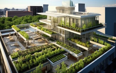 Rooftop Garden. A green rooftop garden on a commercial building, exemplifying sustainable architecture and urban farming for improved air quality and food production