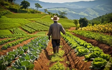 Sustainable Agriculture. A farmer using organic farming methods and crop rotation to promote soil health and biodiversity in agriculture - obrazy, fototapety, plakaty
