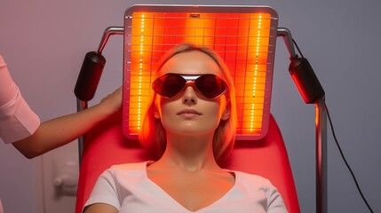 Woman doing the Red Light Therapy Session with Panel and wearing sunglasses