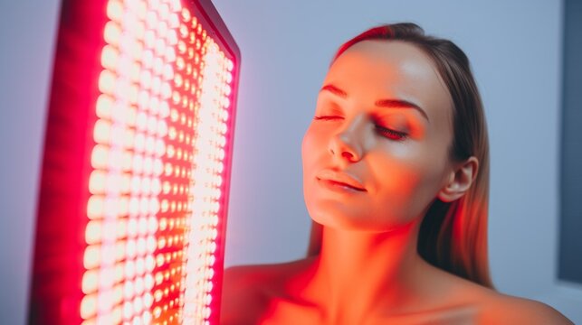 Young Woman doing the Red Light Therapy Session with Panel