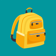 Yellow school backpack on blue background. Vector cartoon illustration.