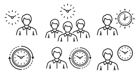 Waiting person and clock, business time management, office work hour schedule, customer service period line icon set. Circle watch. Punctual human. Client meeting planning. Queue in public area vector