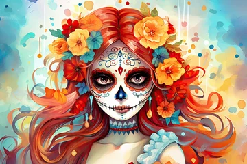 Photo sur Plexiglas Crâne aquarelle Dia de los Muertos, cute Calavera Catrina with sugar skull makeup, watercolor illustration