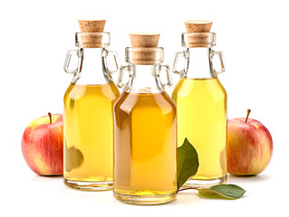 Apple cider vinegar in glass bottles and fresh apples isolated on white background.