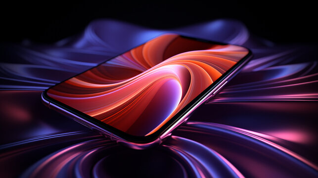 abstract background with a lying smartphone in neon colors. Generative Ai. 
