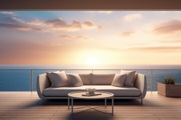 Luxury sofa with sea view Sun set scene at luxury hotel
