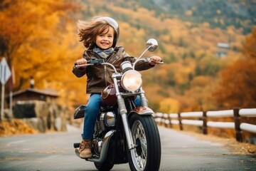 Fototapeta na wymiar Cute little boy riding a motorcycle on a country road in autumn