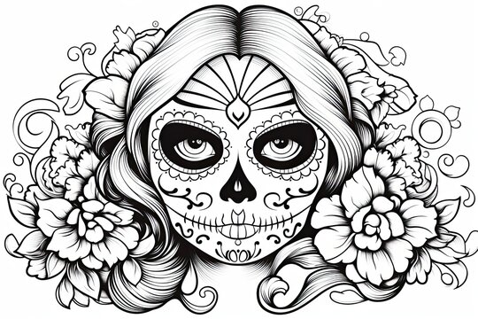 Dia de los Muertos coloring page for kids and adults illustration. Black and white lines