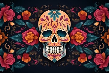Celebrate Day of the Dead with this vibrant banner featuring scull and blank space for text. Made with Generative AI.