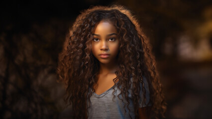 Obraz na płótnie Canvas Afroamerikanische Teenagerin mit Afrolook Haaren und T-Shirt blickt in die Kamera neutral Nahaufnahme, ai generativ