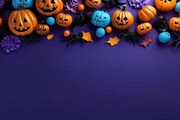 Halloween banner with spooky objects on purple background. Made with Generative AI.