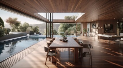 Fototapeta premium house villa resort open space interior design interior concept liing area and patio balcony connect to water pool and wooden deck cosy and natural touch feeling house beautiful ideas ,ai generate