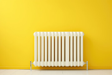 White radiator in front of a yellow wall