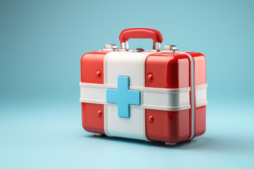 Cartoon suitcase first aid kit, symbol of healing in games isolated on flat background with copy space. Medicine suitcase with cross. 3d render illustration style icon. - obrazy, fototapety, plakaty