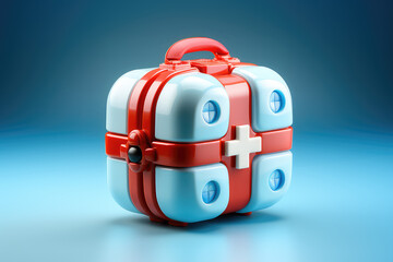 Cartoon suitcase first aid kit, symbol of healing in games isolated on flat background with copy space. Medicine suitcase with cross. 3d render illustration style icon.