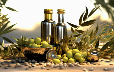 olive oil bottles and olives created with Generative AI technology