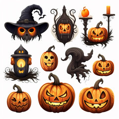 Set of symbols and icons for Halloween in cartoon style. Traditional Halloween elements.