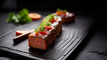 sliced steak served on fine dining food photography