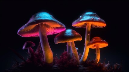 Neon mushrooms on a dark background. Generative AI.