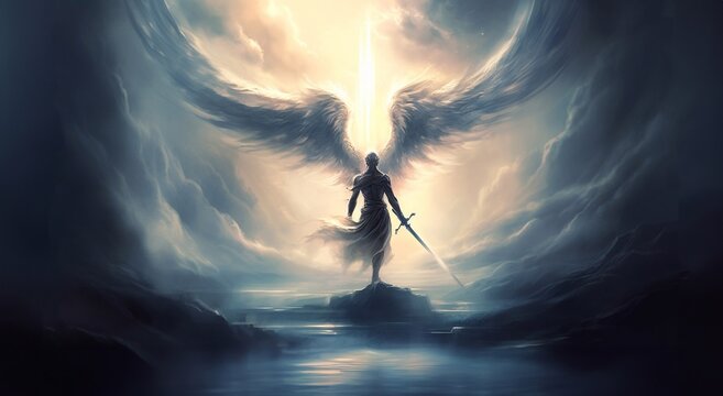 An angel with a battle sword in his hand descends from heaven to earth through the clouds, the weapon glowing with a bright neon light. Generative AI.