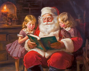 Oil painting of Santa Claus sitting in a chair reading a book to two little girls