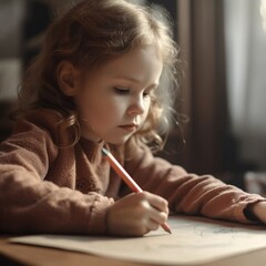 little child drawing with pencils, girl doing homework - generative ai