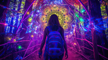 Woman with a backpack adventuring through a blacklight forest, fantasy art