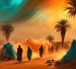 Arab nomads in the sunny desert , Created with Generative AI technology