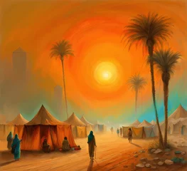 Room darkening curtains orange glow Arab nomads in the sunny desert , Created with Generative AI technology
