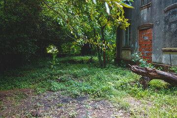 Fototapeta na wymiar Old abandoned building in the park