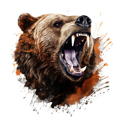 Drawing of an aggressive grizzly bear on a transparent background - obrazy, fototapety, plakaty