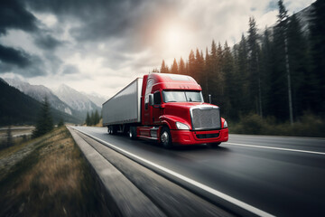 A red large truck is driving fast with a blurry environment on a unoccupied highway surrounded by nature