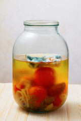 Mold in a jar of pickled tomatoes - obrazy, fototapety, plakaty