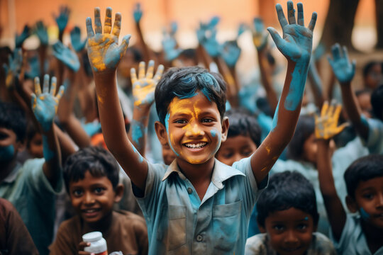 A happy boy is painting childly with their hands at a crowded school with painted faces and hands