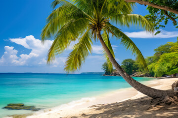 Naklejka na ściany i meble Beautiful tropical beach with coconut palm tree and umbrella. Generative AI