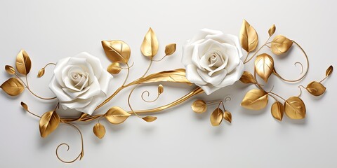 gold rose buds, 3d white vines, 3d gold stems, white background
