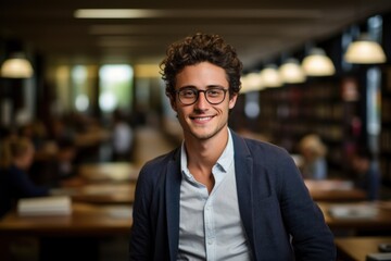 Fototapeta premium Cheerful male international student at a university library