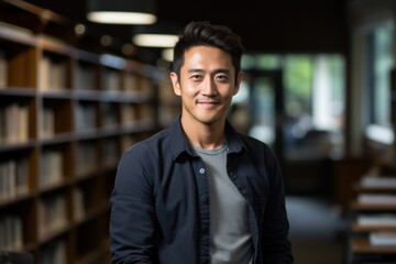 Fototapeta premium Cheerful male international student at a university library