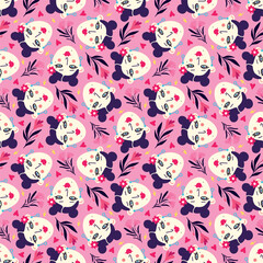 Vibrant pattern with comical brunettes with cute faces and bright colors
