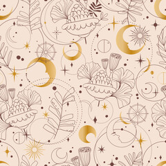 Mystic celestial seamless pattern - magic flowers, moon and stars in monochrome, esoteric vector reapiting motives on background for wrapping, textile