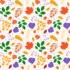 Autumn pattern with bright colorful leaves on a white background. Flat style. Vector illustration.