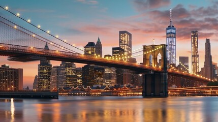 New York City skyline panorama at sunset, featuring the Brooklyn Bridge 