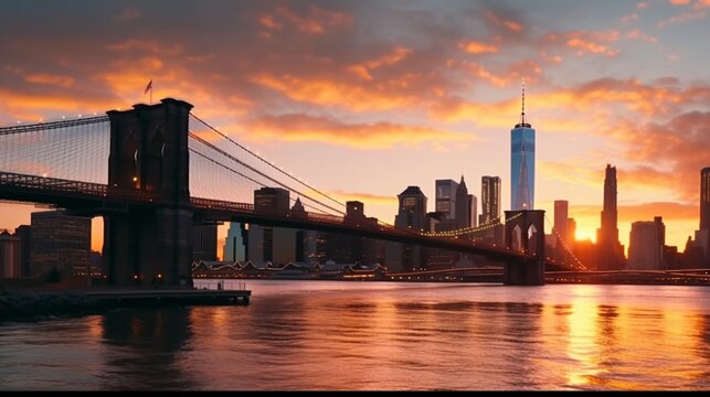 New York City skyline panorama at sunset, featuring the Brooklyn Bridge