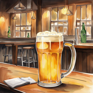 A glass of cool beer with foam in a cafe on the bar, watercolor style. Generative AI illustration.
